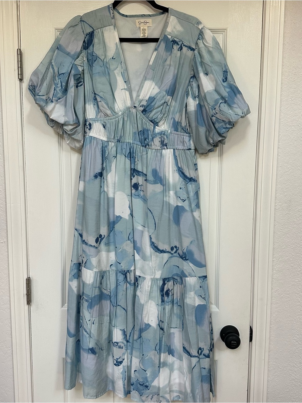 PALE BLUE FLORAL PUFF SLEEVE MIDI DRESS